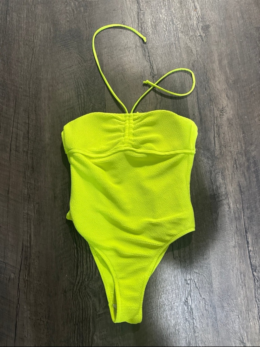 SHEIN Neon Yellow Textured Halter One-Piece Swimsuit